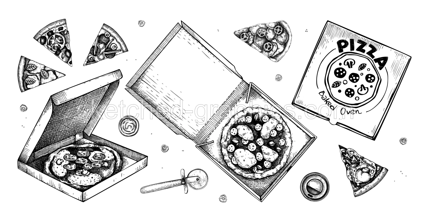Pizza in paper box sketches set. Hand-drawn vector illustration. Vintage fast food drawing. Food delivery design element. Take away box package. Italian cuisine menu Illustration